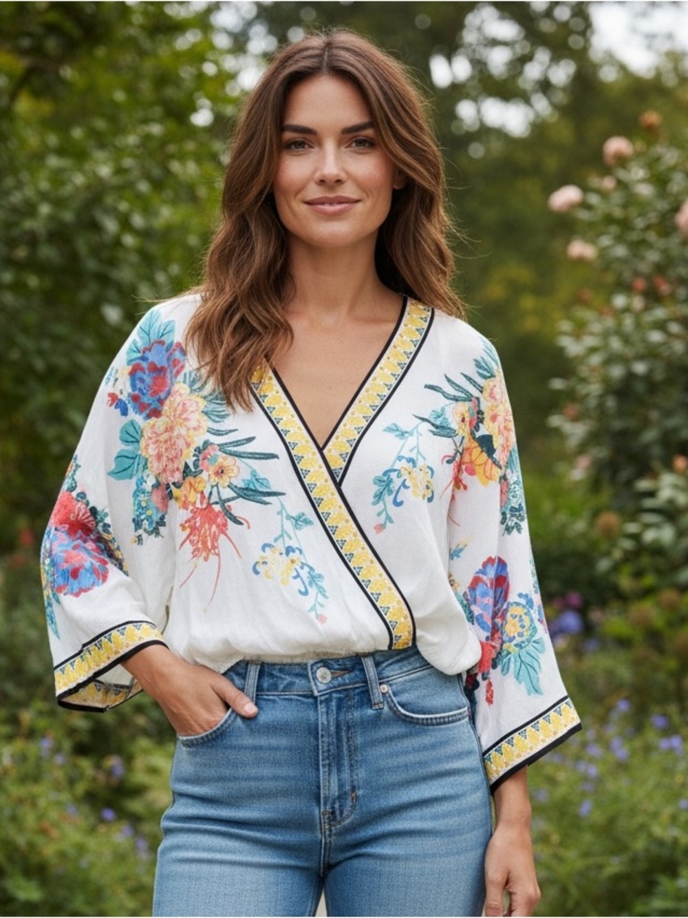 Flying Tomato Floral Wrap-Style V-Neck Blouse in White with Multicolor Blooms